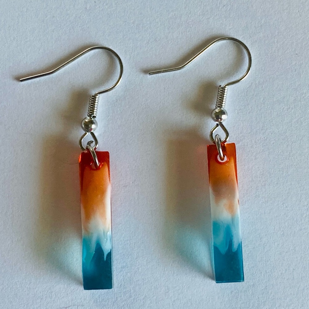 Red/orange, white and blue resin rectangle earrings. OPTION 3